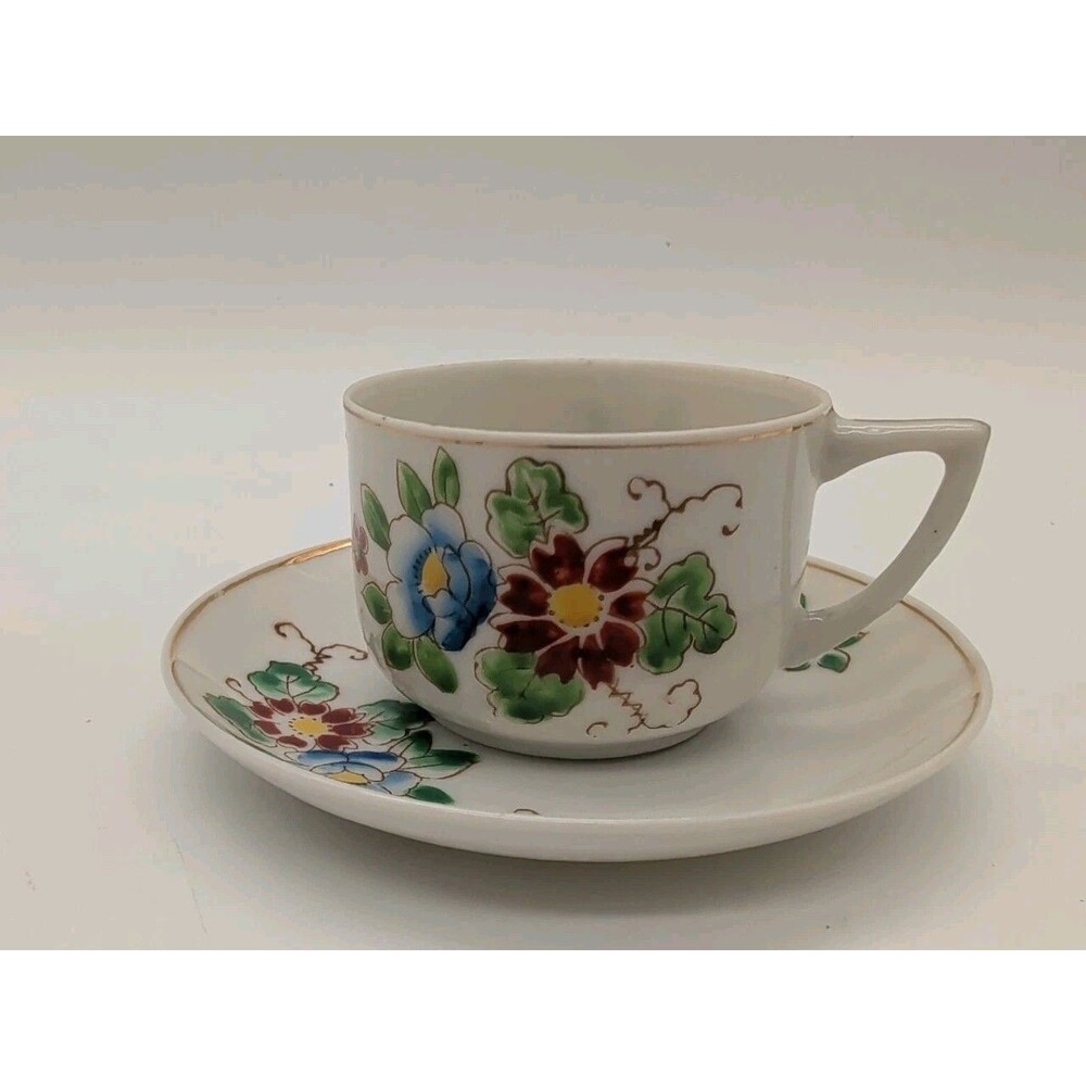 Small Demitasse Teacup Saucer Handpainted In Occupied Japan Floral Eggshell